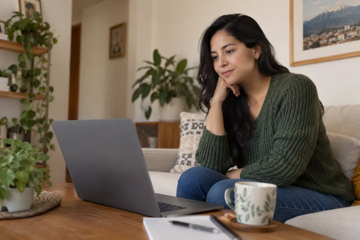 Escena ilustrativa de escucha o preparación de una conversación online