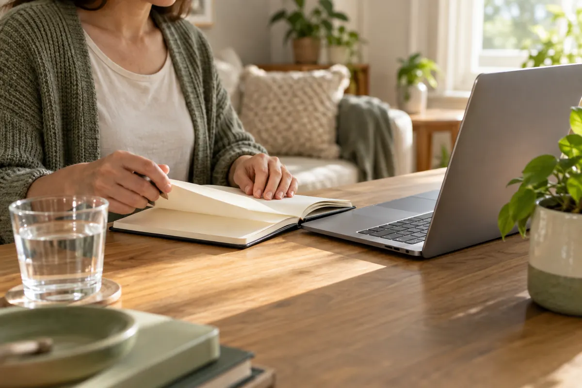 Escena ilustrativa de escucha o preparación de una conversación online