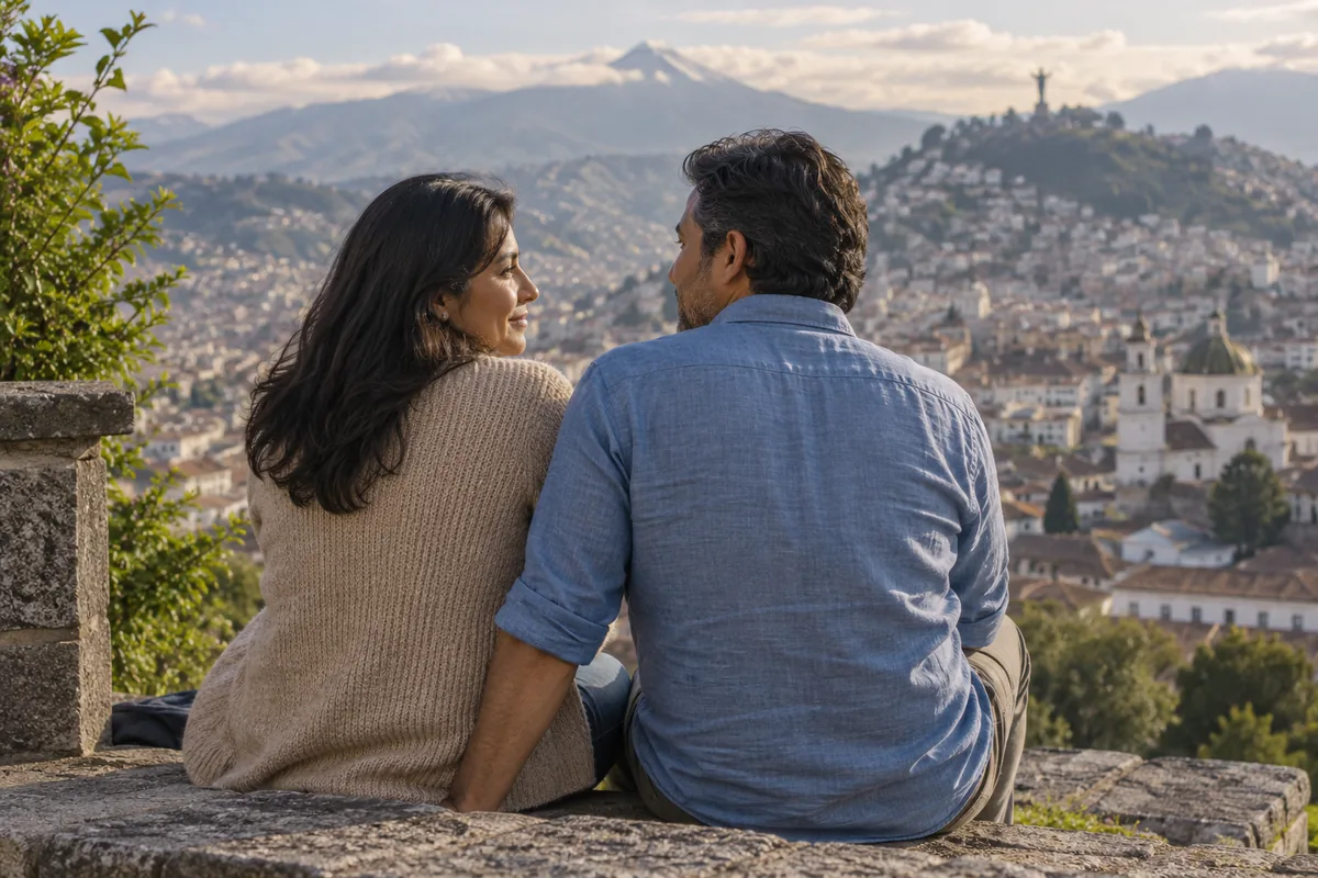 Pareja sentada frente a un paisaje urbano y montañoso.
